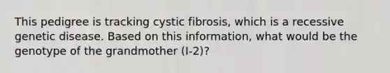 This pedigree is tracking cystic fibrosis, which is a recessive genetic disease. Based on this information, what would be the genotype of the grandmother (I-2)?