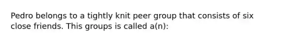 Pedro belongs to a tightly knit peer group that consists of six close friends. This groups is called a(n):