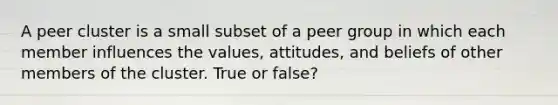 A peer cluster is a small subset of a peer group in which each member influences the values, attitudes, and beliefs of other members of the cluster. True or false?