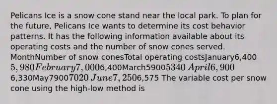 Pelicans Ice is a snow cone stand near the local park. To plan for the future, Pelicans Ice wants to determine its cost behavior patterns. It has the following information available about its operating costs and the number of snow cones served. MonthNumber of snow conesTotal operating costsJanuary6,4005,980February7,0006,400March5900​5340​April6,9006,330May7900​7020​June7,2506,575 The variable cost per snow cone using the high-low method is