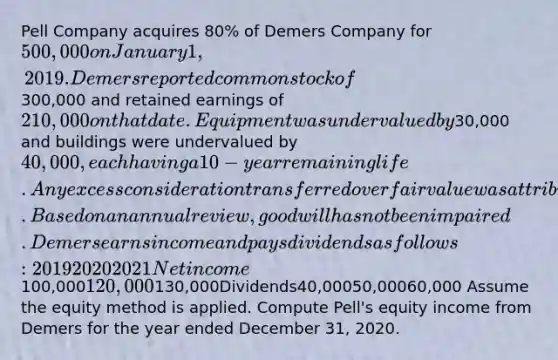 Pell Company acquires 80% of Demers Company for 500,000 on January 1, 2019. Demers reported common stock of300,000 and retained earnings of 210,000 on that date. Equipment was undervalued by30,000 and buildings were undervalued by 40,000, each having a 10-year remaining life. Any excess consideration transferred over fair value was attributed to goodwill with an indefinite life. Based on an annual review, goodwill has not been impaired. Demers earns income and pays dividends as follows: 201920202021Net income100,000120,000130,000Dividends40,00050,00060,000 Assume the equity method is applied. Compute Pell's equity income from Demers for the year ended December 31, 2020.