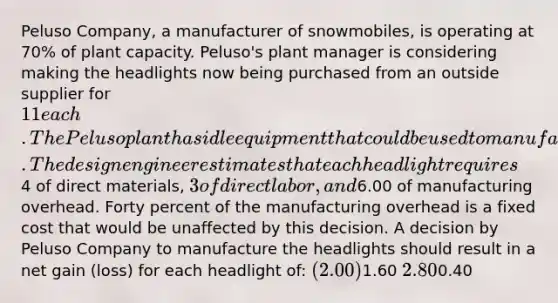 Peluso Company, a manufacturer of snowmobiles, is operating at 70% of plant capacity. Peluso's plant manager is considering making the headlights now being purchased from an outside supplier for 11 each. The Peluso plant has idle equipment that could be used to manufacture the headlights. The design engineer estimates that each headlight requires4 of direct materials, 3 of direct labor, and6.00 of manufacturing overhead. Forty percent of the manufacturing overhead is a fixed cost that would be unaffected by this decision. A decision by Peluso Company to manufacture the headlights should result in a net gain (loss) for each headlight of: (2.00)1.60 2.800.40