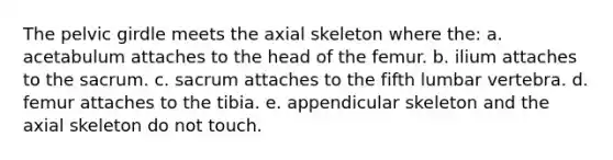 The <a href='https://www.questionai.com/knowledge/k9xWFjlOIm-pelvic-girdle' class='anchor-knowledge'>pelvic girdle</a> meets the axial skeleton where the: a. acetabulum attaches to the head of the femur. b. ilium attaches to the sacrum. c. sacrum attaches to the fifth lumbar vertebra. d. femur attaches to the tibia. e. appendicular skeleton and the axial skeleton do not touch.