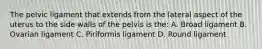 The pelvic ligament that extends from the lateral aspect of the uterus to the side walls of the pelvis is the: A. Broad ligament B. Ovarian ligament C. Piriformis ligament D. Round ligament