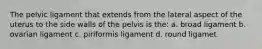 The pelvic ligament that extends from the lateral aspect of the uterus to the side walls of the pelvis is the: a. broad ligament b. ovarian ligament c. piriformis ligament d. round ligamet