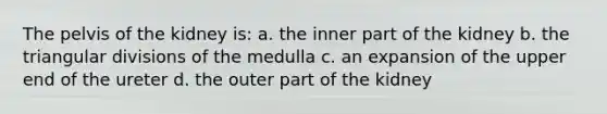 The pelvis of the kidney is: a. the inner part of the kidney b. the triangular divisions of the medulla c. an expansion of the upper end of the ureter d. the outer part of the kidney