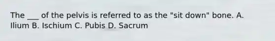 The ___ of the pelvis is referred to as the "sit down" bone. A. Ilium B. Ischium C. Pubis D. Sacrum