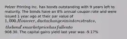 Pelzer Printing Inc. has bonds outstanding with 9 years left to maturity. The bonds have an 8% annual coupon rate and were issued 1 year ago at their par value of 1,000. However, due to changes in interest rates, the bond's market price has fallen to908.30. The capital gains yield last year was -9.17%