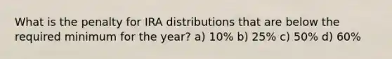 What is the penalty for IRA distributions that are below the required minimum for the year? a) 10% b) 25% c) 50% d) 60%