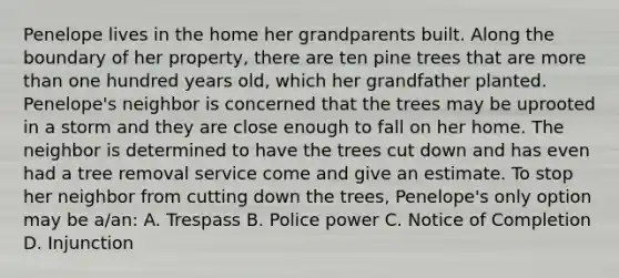 Penelope lives in the home her grandparents built. Along the boundary of her property, there are ten pine trees that are more than one hundred years old, which her grandfather planted. Penelope's neighbor is concerned that the trees may be uprooted in a storm and they are close enough to fall on her home. The neighbor is determined to have the trees cut down and has even had a tree removal service come and give an estimate. To stop her neighbor from cutting down the trees, Penelope's only option may be a/an: A. Trespass B. Police power C. Notice of Completion D. Injunction