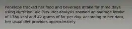 Penelope tracked her food and beverage intake for three days using NutritionCalc Plus. Her analysis showed an average intake of 1760 kcal and 42 grams of fat per day. According to her data, her usual diet provides approximately