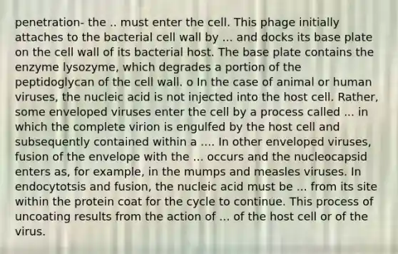 penetration- the .. must enter the cell. This phage initially attaches to the bacterial cell wall by ... and docks its base plate on the cell wall of its bacterial host. The base plate contains the enzyme lysozyme, which degrades a portion of the peptidoglycan of the cell wall. o In the case of animal or human viruses, the nucleic acid is not injected into the host cell. Rather, some enveloped viruses enter the cell by a process called ... in which the complete virion is engulfed by the host cell and subsequently contained within a .... In other enveloped viruses, fusion of the envelope with the ... occurs and the nucleocapsid enters as, for example, in the mumps and measles viruses. In endocytotsis and fusion, the nucleic acid must be ... from its site within the protein coat for the cycle to continue. This process of uncoating results from the action of ... of the host cell or of the virus.