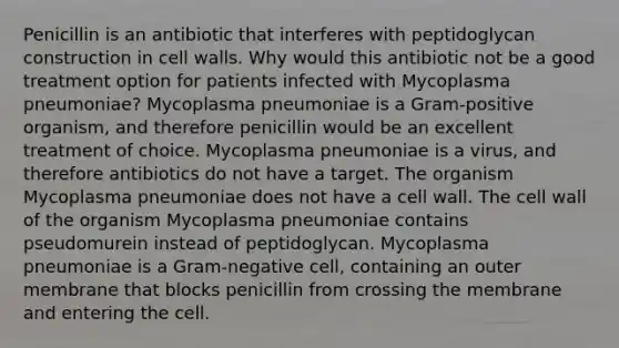 Penicillin is an antibiotic that interferes with peptidoglycan construction in cell walls. Why would this antibiotic not be a good treatment option for patients infected with Mycoplasma pneumoniae? Mycoplasma pneumoniae is a Gram-positive organism, and therefore penicillin would be an excellent treatment of choice. Mycoplasma pneumoniae is a virus, and therefore antibiotics do not have a target. The organism Mycoplasma pneumoniae does not have a cell wall. The cell wall of the organism Mycoplasma pneumoniae contains pseudomurein instead of peptidoglycan. Mycoplasma pneumoniae is a Gram-negative cell, containing an outer membrane that blocks penicillin from crossing the membrane and entering the cell.