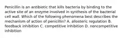 Penicillin is an antibiotic that kills bacteria by binding to the active site of an enzyme involved in synthesis of the bacterial cell wall. Which of the following phenomena best describes the mechanism of action of penicillin? A. allosteric regulation B. feedback inhibition C. competitive inhibition D. noncompetitive inhibition