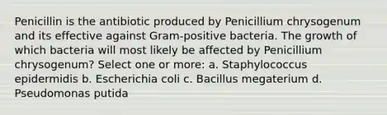 Penicillin is the antibiotic produced by Penicillium chrysogenum and its effective against Gram-positive bacteria. The growth of which bacteria will most likely be affected by Penicillium chrysogenum? Select one or more: a. Staphylococcus epidermidis b. Escherichia coli c. Bacillus megaterium d. Pseudomonas putida