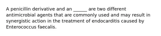 A penicillin derivative and an ______ are two different antimicrobial agents that are commonly used and may result in synergistic action in the treatment of endocarditis caused by Enterococcus faecalis.