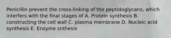 Penicillin prevent the cross-linking of the peptidoglycans, which interfers with the final stages of A. <a href='https://www.questionai.com/knowledge/kVyphSdCnD-protein-synthesis' class='anchor-knowledge'>protein synthesis</a> B. constructing the cell wall C. plasma membrane D. Nucleic acid synthesis E. Enzyme snthesis