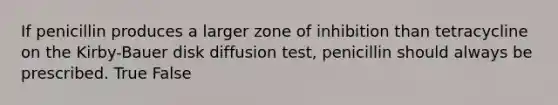 If penicillin produces a larger zone of inhibition than tetracycline on the Kirby-Bauer disk diffusion test, penicillin should always be prescribed. True False