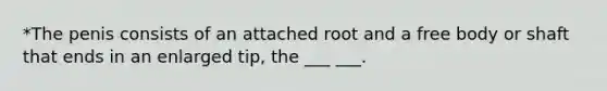 *The penis consists of an attached root and a free body or shaft that ends in an enlarged tip, the ___ ___.