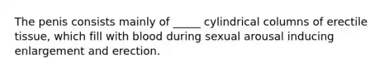 The penis consists mainly of _____ cylindrical columns of erectile tissue, which fill with blood during sexual arousal inducing enlargement and erection.