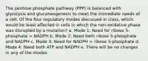 The pentose phosphate pathway (PPP) is balanced with glycolysis and gluconeogenesis to meet the immediate needs of a cell. Of the four regulatory modes discussed in class, which would be least affected in cells in which the non-oxidative phase was disrupted by a mutation? a. Mode 1: Need for ribose 5-phosphate > NADPH b. Mode 2: Need both ribose 5-phosphate and NADPH c. Mode 3: Need for NADPH > ribose 5-phosphate d. Mode 4: Need both ATP and NADPH e. There will be no changes in any of the modes