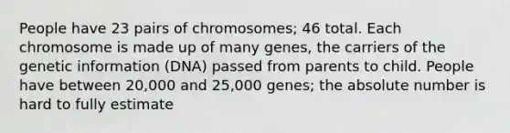 People have 23 pairs of chromosomes; 46 total. Each chromosome is made up of many genes, the carriers of the genetic information (DNA) passed from parents to child. People have between 20,000 and 25,000 genes; the absolute number is hard to fully estimate