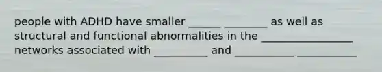 people with ADHD have smaller ______ ________ as well as structural and functional abnormalities in the _________________ networks associated with __________ and ___________ ___________