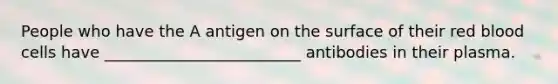 People who have the A antigen on the surface of their red blood cells have _________________________ antibodies in their plasma.