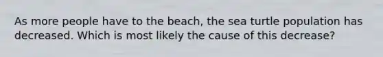 As more people have to the beach, the sea turtle population has decreased. Which is most likely the cause of this decrease?