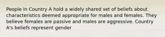 People in Country A hold a widely shared set of beliefs about characteristics deemed appropriate for males and females. They believe females are passive and males are aggressive. Country A's beliefs represent gender