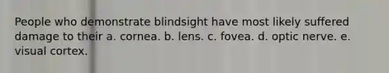 People who demonstrate blindsight have most likely suffered damage to their a. cornea. b. lens. c. fovea. d. optic nerve. e. visual cortex.