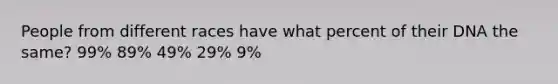 People from different races have what percent of their DNA the same? 99% 89% 49% 29% 9%