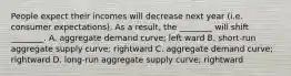 People expect their incomes will decrease next year (i.e. consumer expectations). As a result, the ________ will shift ________. A. aggregate demand curve; left ward B. short-run aggregate supply curve; rightward C. aggregate demand curve; rightward D. long-run aggregate supply curve; rightward