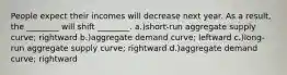 People expect their incomes will decrease next year. As a result, the ________ will shift ________. a.)short-run aggregate supply curve; rightward b.)aggregate demand curve; leftward c.)long-run aggregate supply curve; rightward d.)aggregate demand curve; rightward