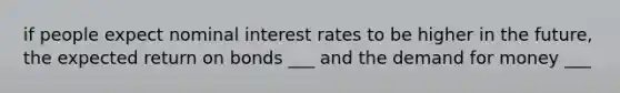 if people expect nominal interest rates to be higher in the future, the expected return on bonds ___ and <a href='https://www.questionai.com/knowledge/klIDlybqd8-the-demand-for-money' class='anchor-knowledge'>the demand for money</a> ___