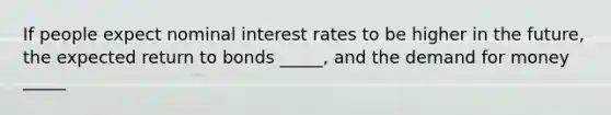 If people expect nominal interest rates to be higher in the future, the expected return to bonds _____, and <a href='https://www.questionai.com/knowledge/klIDlybqd8-the-demand-for-money' class='anchor-knowledge'>the demand for money</a> _____