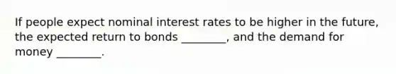 If people expect nominal interest rates to be higher in the future, the expected return to bonds ________, and <a href='https://www.questionai.com/knowledge/klIDlybqd8-the-demand-for-money' class='anchor-knowledge'>the demand for money</a> ________.