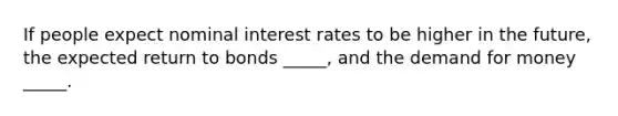 If people expect nominal interest rates to be higher in the future, the expected return to bonds _____, and the demand for money _____.