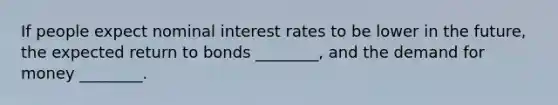 If people expect nominal interest rates to be lower in the future, the expected return to bonds ________, and the demand for money ________.