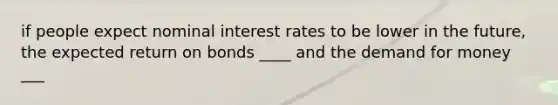 if people expect nominal interest rates to be lower in the future, the expected return on bonds ____ and the demand for money ___