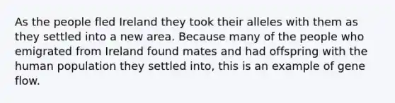 As the people fled Ireland they took their alleles with them as they settled into a new area. Because many of the people who emigrated from Ireland found mates and had offspring with the human population they settled into, this is an example of gene flow.