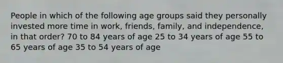 People in which of the following age groups said they personally invested more time in work, friends, family, and independence, in that order? 70 to 84 years of age 25 to 34 years of age 55 to 65 years of age 35 to 54 years of age