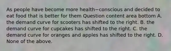 As people have become more health−conscious and decided to eat food that is better for them Question content area bottom A. the demand curve for scooters has shifted to the right. B. the demand curve for cupcakes has shifted to the right. C. the demand curve for oranges and apples has shifted to the right. D. None of the above.