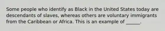 Some people who identify as Black in the United States today are descendants of slaves, whereas others are voluntary immigrants from the Caribbean or Africa. This is an example of ______.