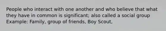 People who interact with one another and who believe that what they have in common is significant; also called a social group Example: Family, group of friends, Boy Scout,