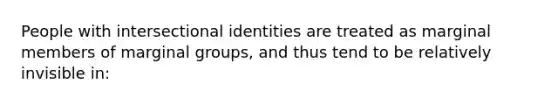 People with intersectional identities are treated as marginal members of marginal groups, and thus tend to be relatively invisible in: