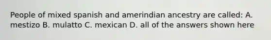 People of mixed spanish and amerindian ancestry are called: A. mestizo B. mulatto C. mexican D. all of the answers shown here