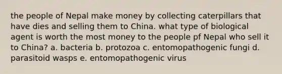 the people of Nepal make money by collecting caterpillars that have dies and selling them to China. what type of biological agent is worth the most money to the people pf Nepal who sell it to China? a. bacteria b. protozoa c. entomopathogenic fungi d. parasitoid wasps e. entomopathogenic virus