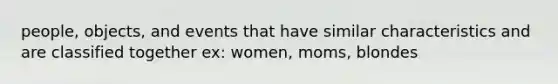 people, objects, and events that have similar characteristics and are classified together ex: women, moms, blondes