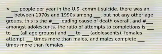 > ___ people per year in the U.S. commit suicide. there was an ___ between 1970s and 1990s among ___, but not any other age groups. this is the #___ leading cause of death overall, and #___ amongst adolescents. the ratio of attempts to completions is ___ to ___ (all age groups) and ___ to ___ (adolescents). females attempt ___ times more than males, and males complete ___ times more than females.